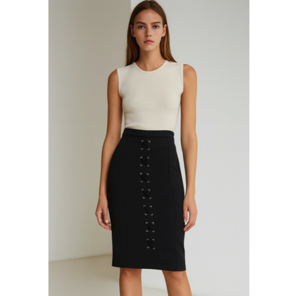 Carmen Marc Valvo Black Skirt Front Silver Tone Grommets Midi A-Line Size 2